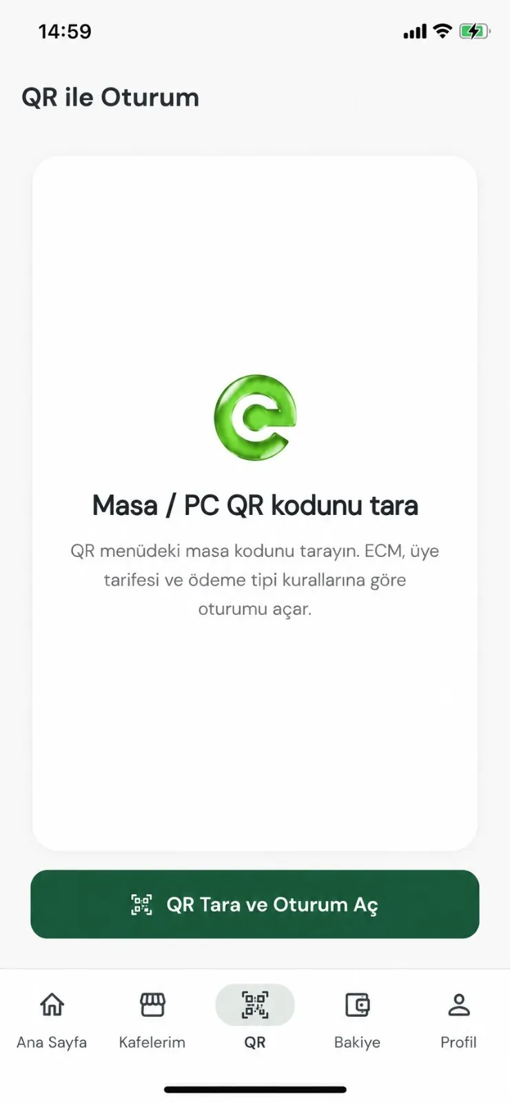 EveryCafe Go QR ile oturum açma ekranı